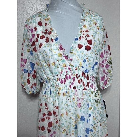 Maison Tara Floral Chiffon Clip Dot V Neck Smocked Midi Dress plus Size 14 - Picture 3 of 9
